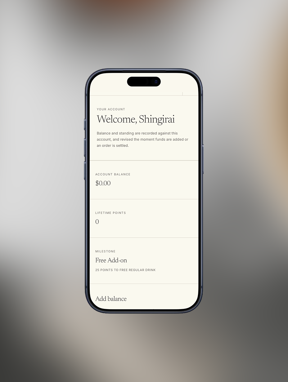 Mobile customer account dashboard showing account balance, lifetime points and current loyalty milestone.