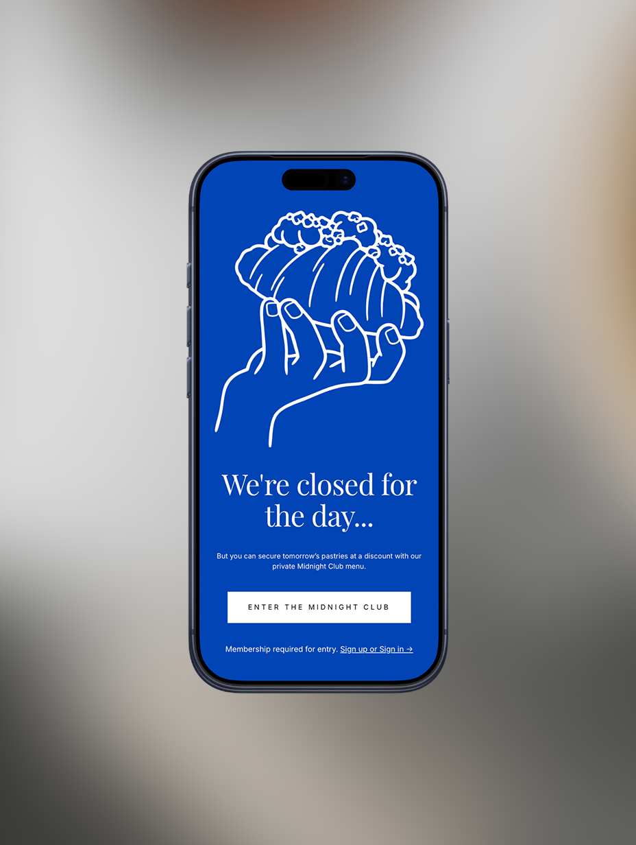 Mobile storefront showing the blue Midnight Club closed-state screen with an invitation to order for tomorrow.