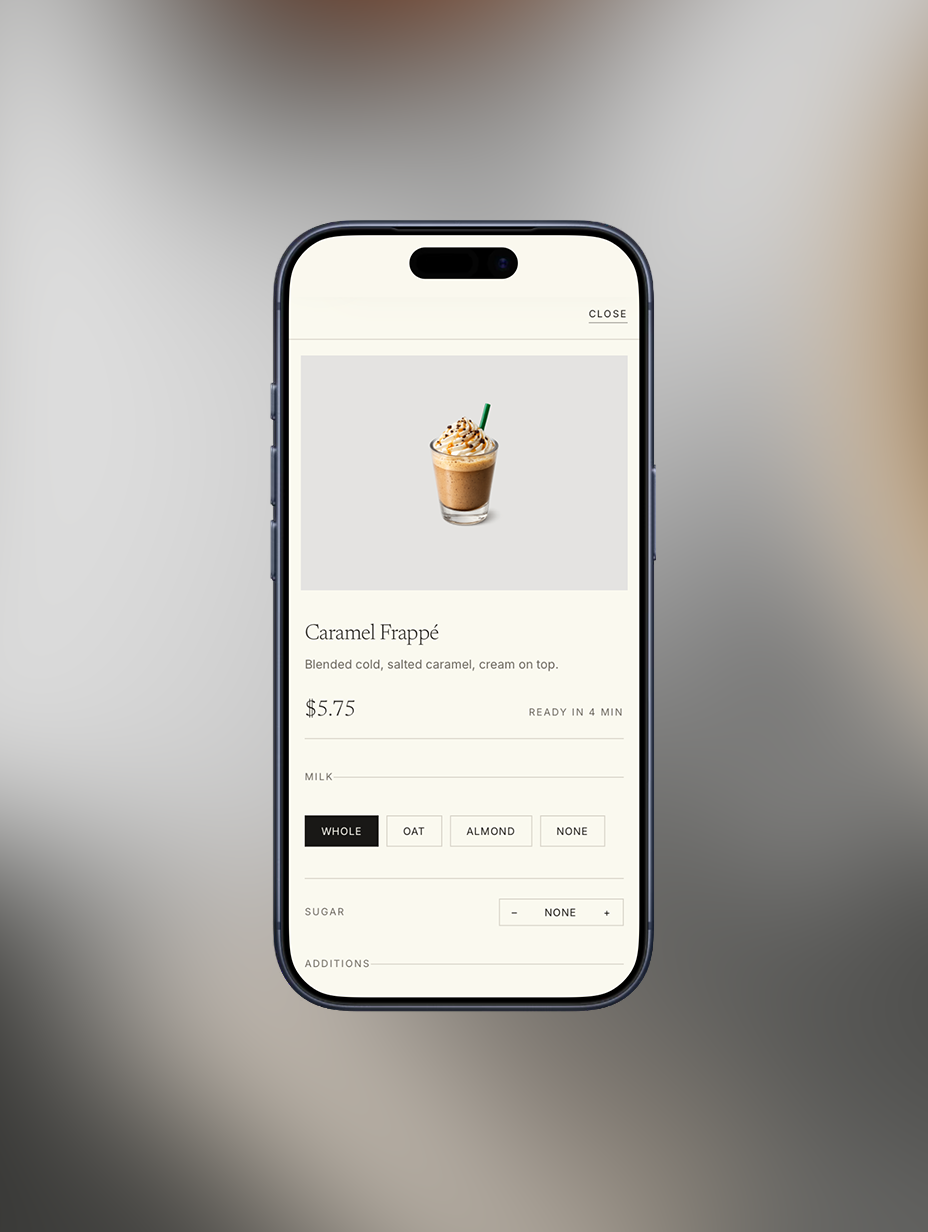 Mobile product drawer for a Caramel Frappé showing a four-minute ready time beside the price.