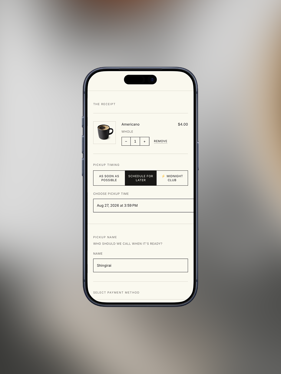 Mobile checkout showing ASAP, Schedule for Later and Midnight Club pickup options with a selected pickup time.