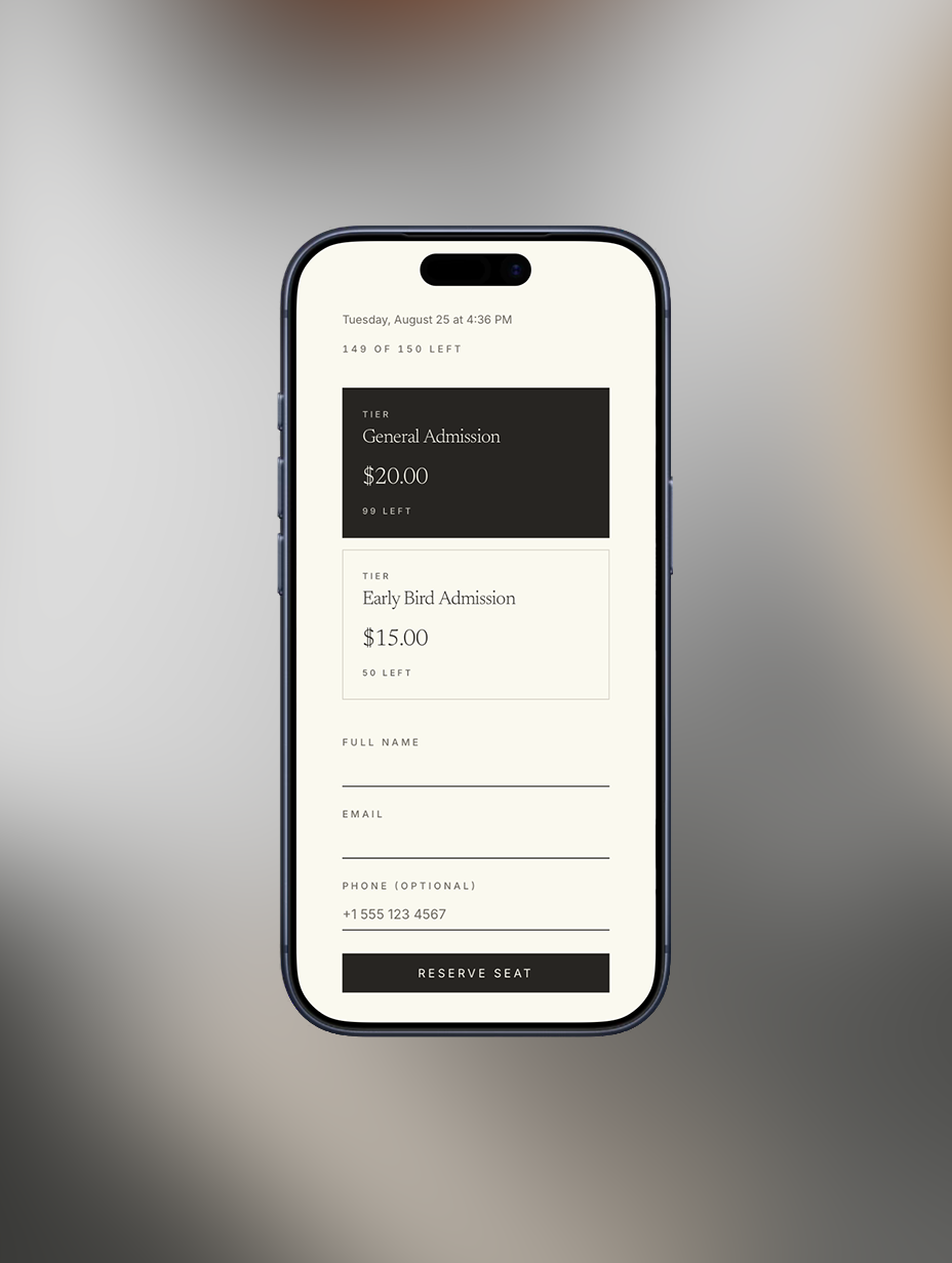 Mobile event ticketing screen showing General Admission and Early Bird ticket tiers with remaining capacity and reservation form.