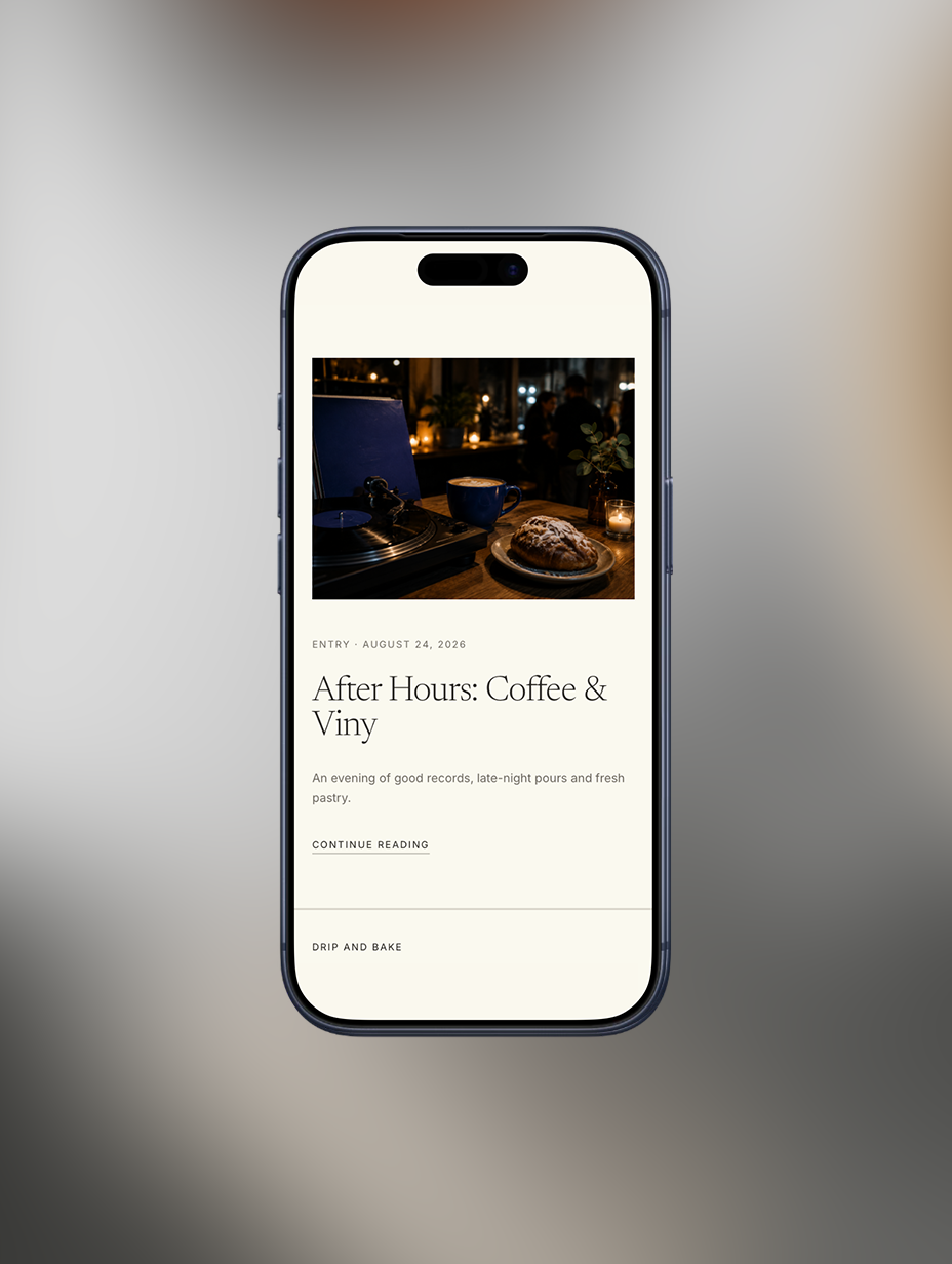 Mobile storefront showing a Drip & Bake community post titled “After Hours: Coffee & Vinyl.”