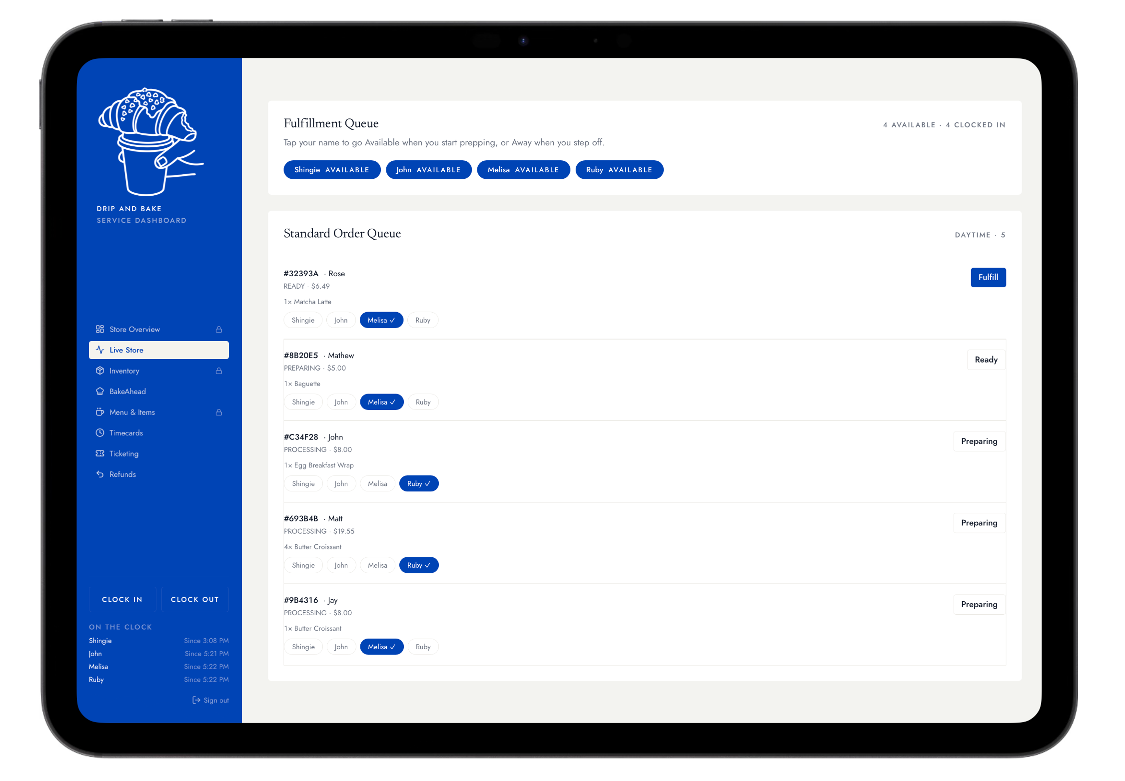 Drip & Bake service dashboard