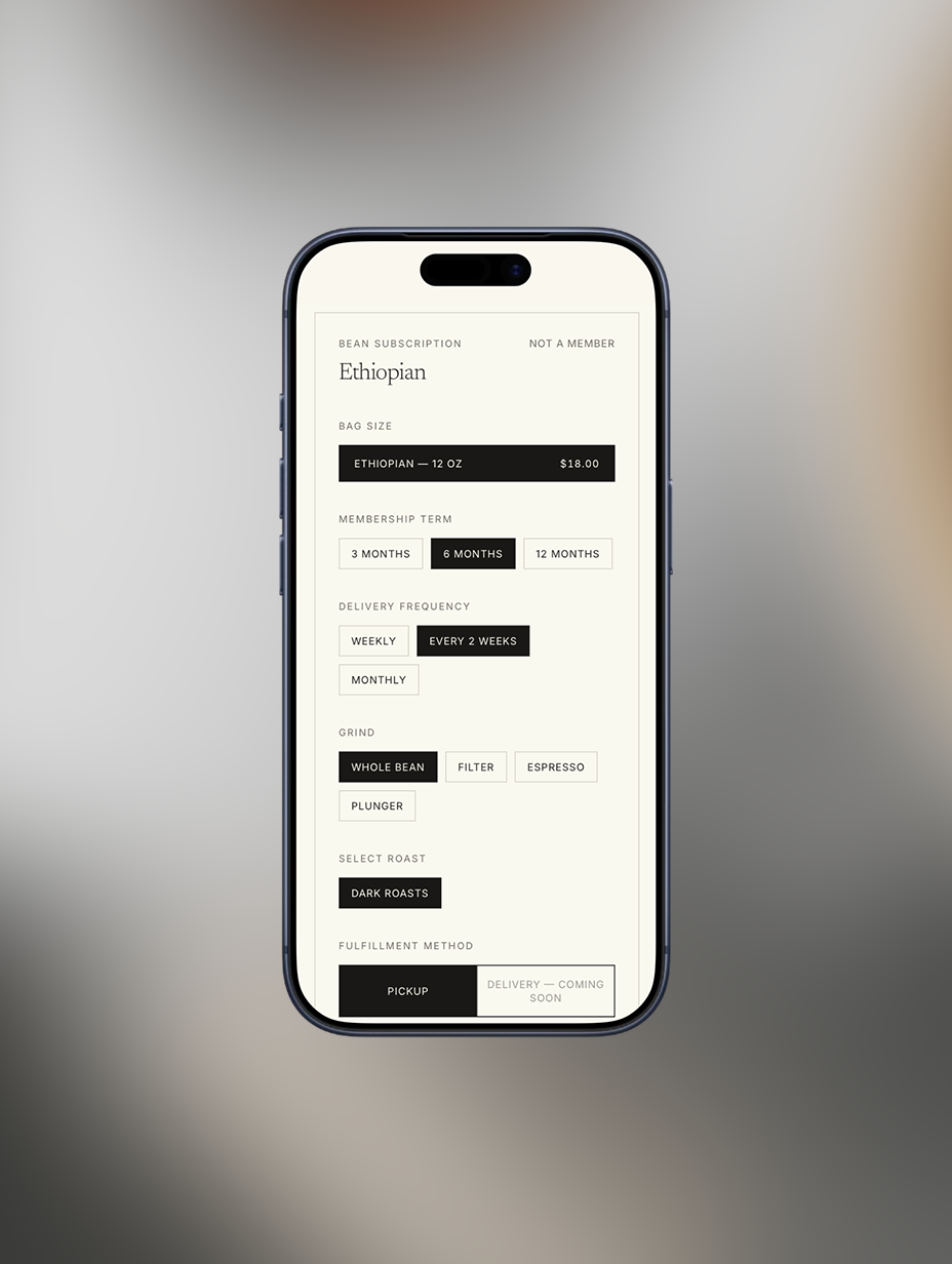 Mobile storefront showing a configurable Ethiopian bean subscription with term, frequency, grind and pickup options.