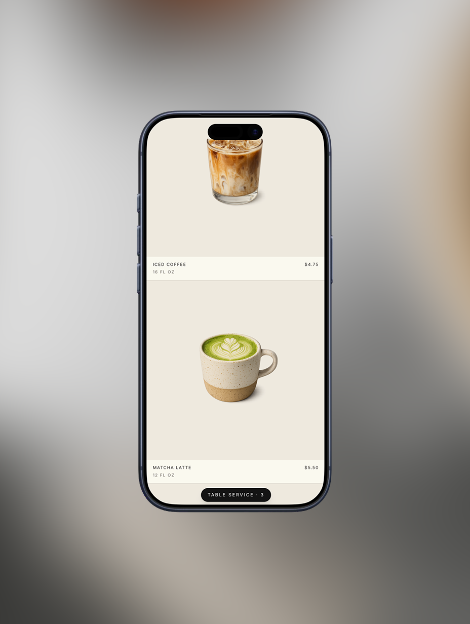 Drip & Bake storefront showing Tap & Tend table service with a customer automatically assigned to Table 3.