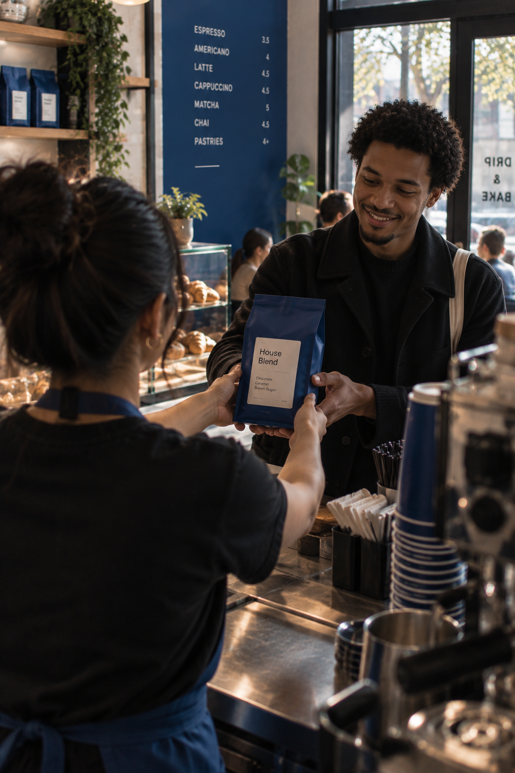 Barista passing beans to customer