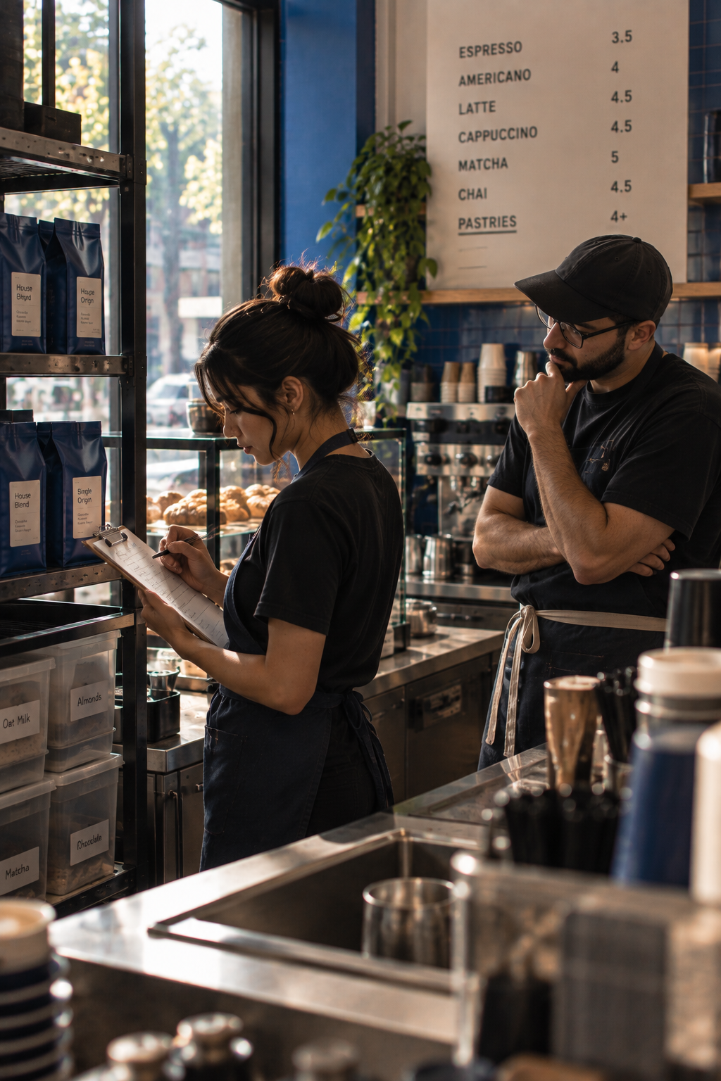 Barista and manager taking stock