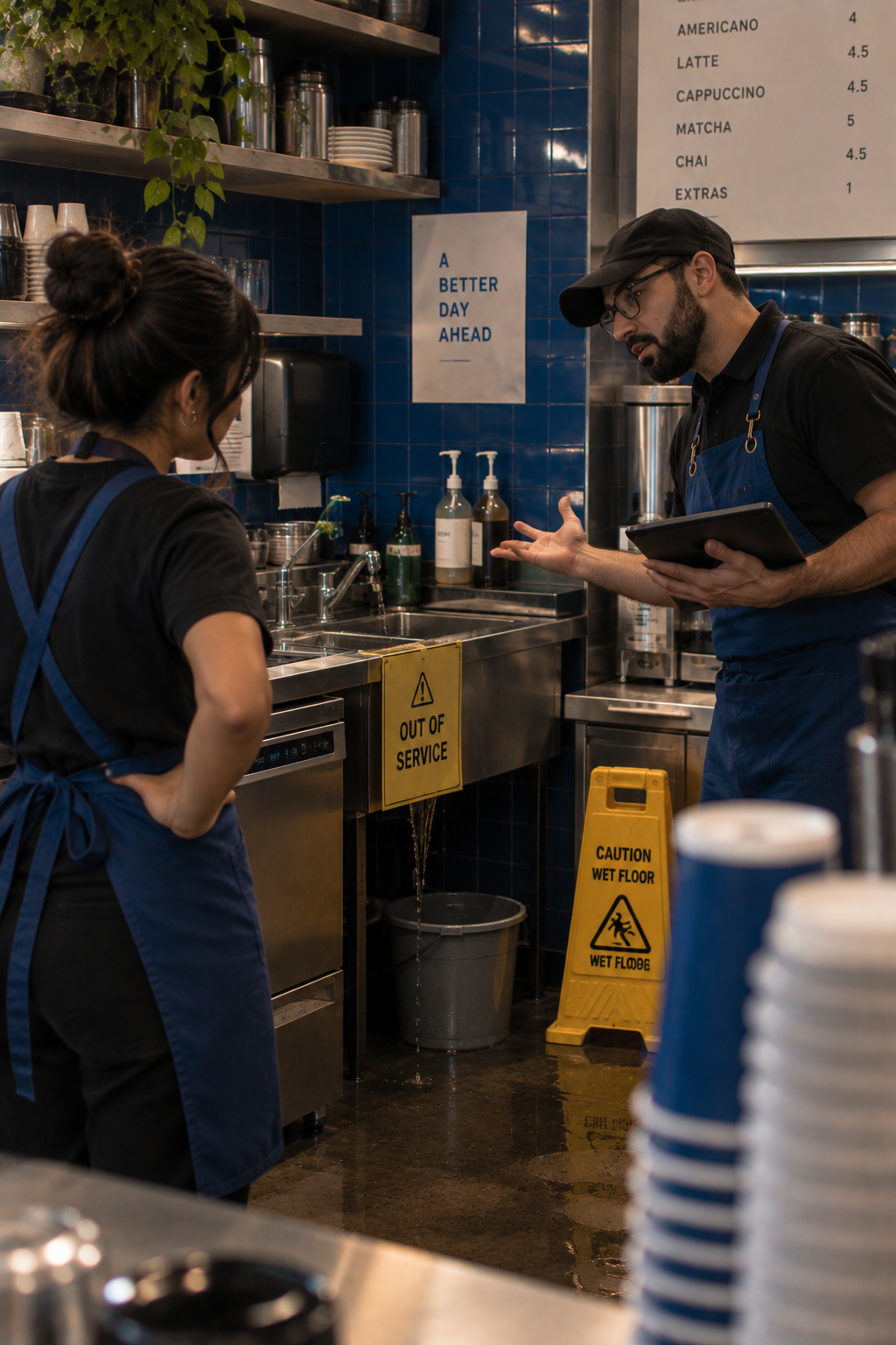 Barista looking at broken cafe sink