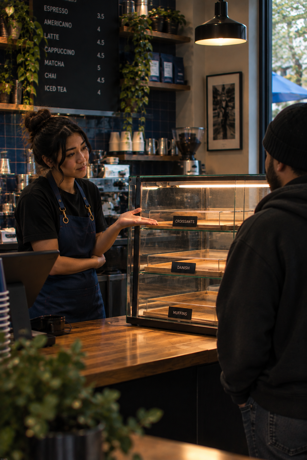 barista and customer point at croissants